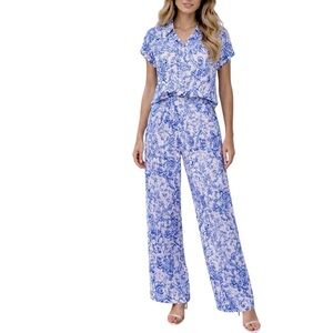 Caroline Constas 2 Piece Pant Set Blue Floral Button Top Split Side Pants Small